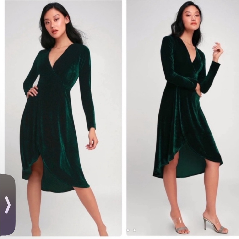 Lulus- Sz M- Green- A Frame- LS Velvet Dress Hi.Low Wrap Skirt